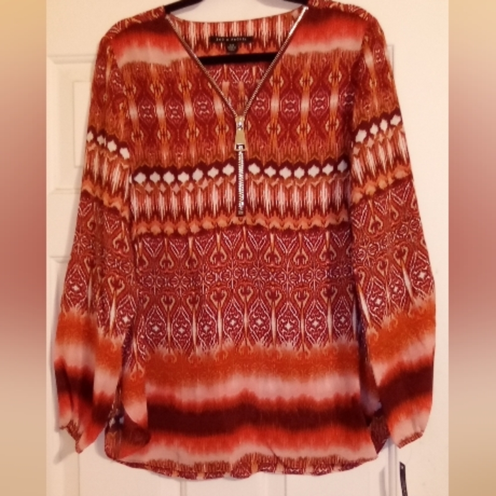 Bohemian Red & Orange Lightweight Patterned Blouse By Zac & Rachel Size Large